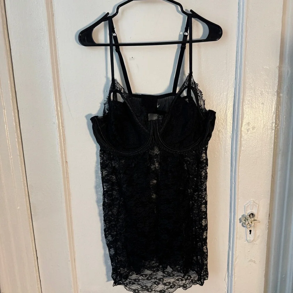 Y2K‎ Black Sheer Mesh Lace Babydoll Cami Lingerie corset vampy Whimsigoth Witchy